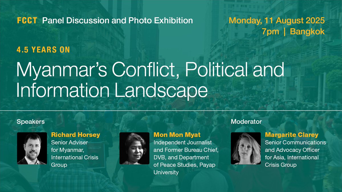 Margarite Clarey (@margariteclarey) on Twitter photo 📢 Join us in Bangkok next Monday for a panel discussion on Myanmar – 4.5 years on, with <a href="/rshorsey/">Richard Horsey</a> <a href="/MyatMonMonMyat/">Mon Mon Myat</a>; and the launch of "Still Here" - a photo exhibition showcasing work from inside Myanmar by local journalists 📸
📍7pm | <a href="/FCCThai/">FCCThai</a> | 11 August 📢 Join us in Bangkok next Monday for a panel discussion on Myanmar – 4.5 years on, with <a href="/rshorsey/">Richard Horsey</a> <a href="/MyatMonMonMyat/">Mon Mon Myat</a>; and the launch of "Still Here" - a photo exhibition showcasing work from inside Myanmar by local journalists 📸
📍7pm | <a href="/FCCThai/">FCCThai</a> | 11 August