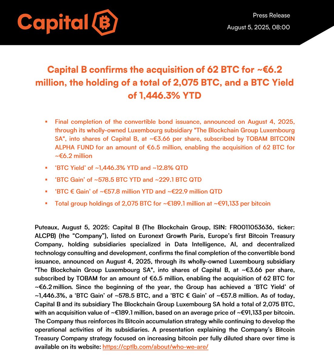 🟠 Capital B confirms the acquisition of 62 BTC for ~€6.2 million, the holding of a total of 2,075 BTC, and a BTC Yield of 1,446.3% YTD ⚡️

Full Press Release (EN): cptlb.com/wp-content/upl…

Full Press Release (FR): cptlb.com/wp-content/upl…

BTC Strategy (EN):