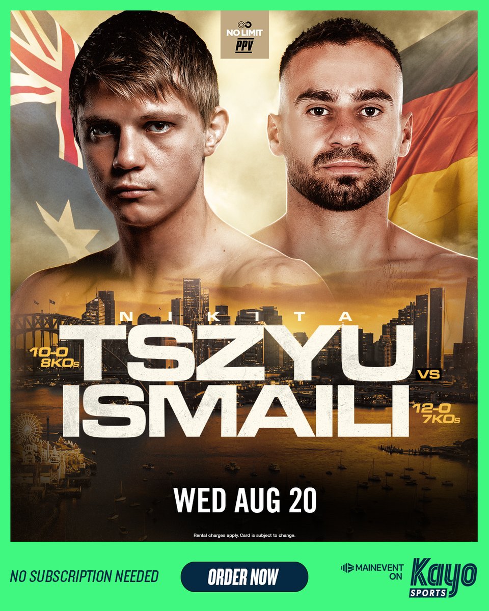 MAIN EVENT (@maineventtv) on Twitter photo Nikita Tszyu doesnโt fight. He unleashes chaos.
It all goes down Wednesday 20 August
#TszyuIsmaili
๐ August 20
๐บ @maineventtv on <a href="/kayosports/">Kayo Sports</a> Nikita Tszyu doesnโt fight. He unleashes chaos.
It all goes down Wednesday 20 August
#TszyuIsmaili
๐ August 20
๐บ @maineventtv on <a href="/kayosports/">Kayo Sports</a>