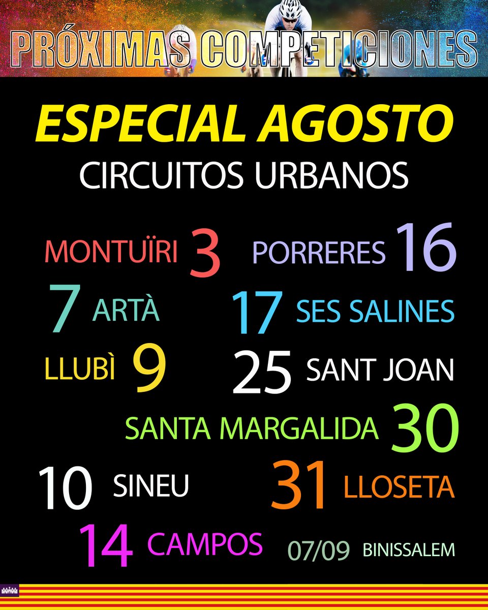 -

Sólo este mes de agosto
¡¡OFERTA ESPECIAL!!
Mes de los Circuitos Urbanos

10 CARRERAS + 1 DE REGALO EN SEPTIEMBRE

¿Te las vas a perder?

MONTUÏRI (concluida)
ARTÀ
LLUBÍ
SINEU
CAMPOS
PORRERES
SES SALINES
SANT JOAN
SANTA MARGALIDA
LLOSETA
y de regalo
BINISSALEM

😀