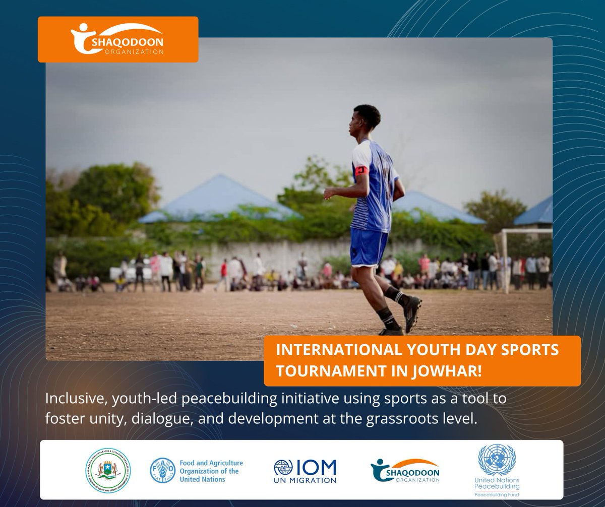 Shaqodoonorg's tweet photo. This August, under the #YOUACT project, we’re supporting the International Youth Day Sports Tournament in Jowhar with @IOM_Somalia, @FAOSomalia, & @MOYS_Hirshabele promoting youth-led peacebuilding, dialogue, and resilience through sport. ⚽🕊️
@UNPeacebuilding Fund https://t.co/kjpmZuRRFk