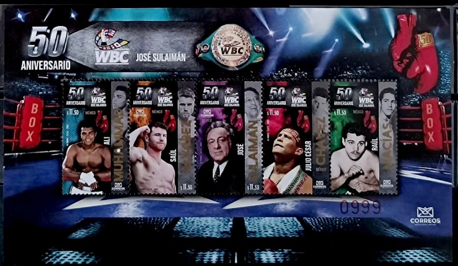 🇲🇽 Mexico - From the last issues, Souvenir Sheet of the "50 Anniversary José  Sulaimán WBC", Issue June 10, 2025.  Picture: Muhammed Ali, Canelo Alvarez,  José Sulaimán, Julio C. Chávez and "Ratón" Macías. 🇲🇽👍