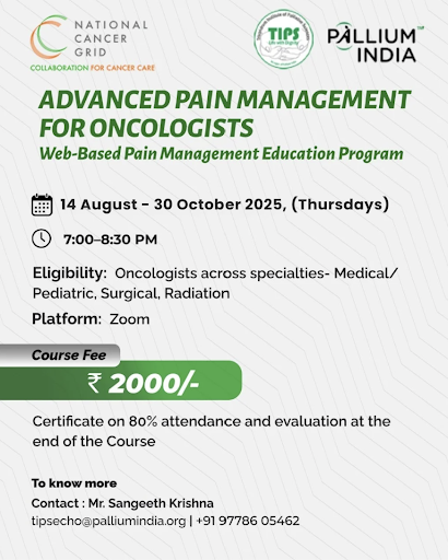 📢Advanced Pain Management for Oncologists across specialties in collab with <a href="/CancerGridIndia/">NationalCancerGrid</a> 

🗓️14 Aug–30 Oct | 🕖7–8:30 PM 
💻 Zoom | Thursdays Only

  Register on: bit.ly/3UJiTZJ

#Oncology #PainManagement #PalliativeCare #MedX  #PalliumIndia