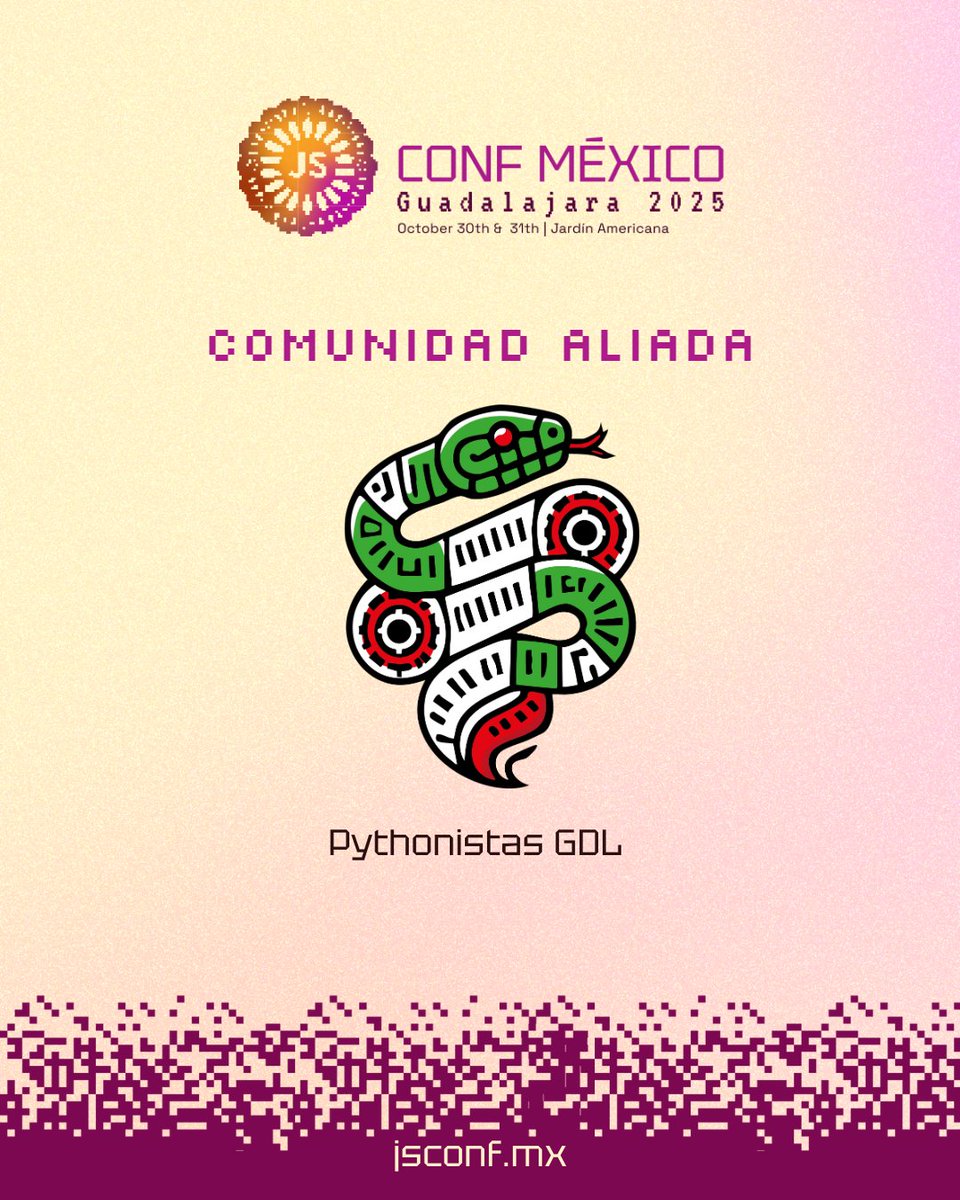 <a href="/pythonistas_gdl/">pythonistas-gdl</a> te lleva a #JSConfMX 2025🚶🏻‍♀️🚶🏻‍
Como buen año de la serpiente del calendario chino🐍🐍 harán que tus bugs se reduzcan o los resuelvas pronto gracias a la unión de comunidades🙏🏻
¡Gracias por unirse como comunidad aliada!✨
🎟️Boletos en jsconf.mx