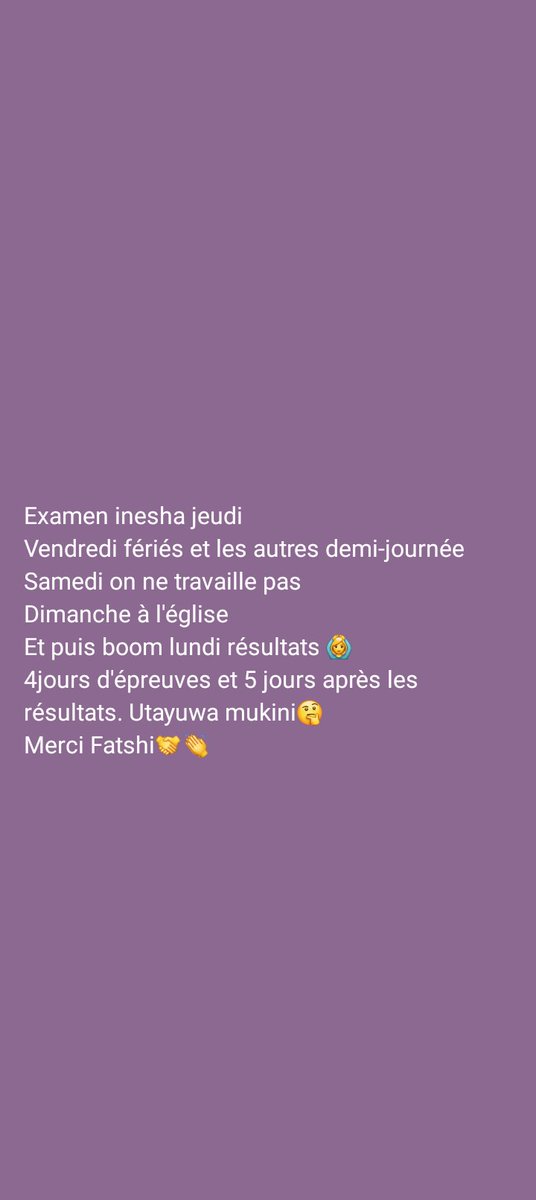 BERTIN MUMBA (@bertin_ebm) on Twitter photo L'Examen d'Etat Ă pris fin le jeudi,
Le vendredi férié et les autres demi-journée
Samedi on ne travaille pas
Dimanche à l'église
Et puis boom lundi Résultats 🙆
Donc 4 jours d'épreuves et 5 jours après les résultats. Utayuwa mukini 🤔
Merci <a href="/fatshi13_/">Félix A. Tshisekedi</a>
<a href="/shabani_lukoo/">SHABANI Lukoo J.</a> L'Examen d'Etat Ă pris fin le jeudi,
Le vendredi férié et les autres demi-journée
Samedi on ne travaille pas
Dimanche à l'église
Et puis boom lundi Résultats 🙆
Donc 4 jours d'épreuves et 5 jours après les résultats. Utayuwa mukini 🤔
Merci <a href="/fatshi13_/">Félix A. Tshisekedi</a>
<a href="/shabani_lukoo/">SHABANI Lukoo J.</a>