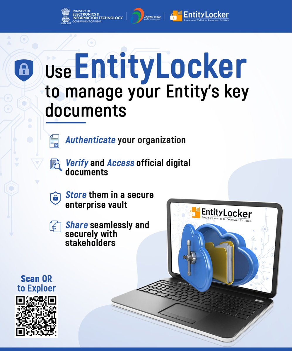 _DigitalIndia's tweet image. EntityLocker empowers NGOs, private organizations, startups, government bodies and MSMEs to digitally store, verify, and share important documents with ease.

Visit: entitylocker.digitallocker.gov.in

#EntityLocker #Digitalindia