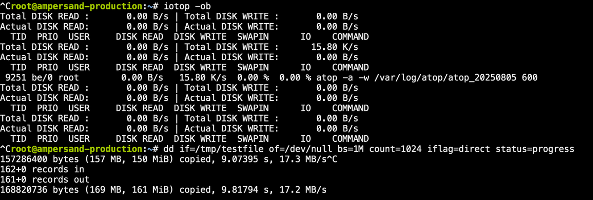 zlrth's tweet photo. 7 hours ago I filed a ticket about a load-bearing droplet. I've gotten no technical information, let alone a TTR. @digitalocean @DOStatus. Read the ticket: 10838580. Screenshot showing nothing happening on the box, and it writes at 17 MB/s. It's NVMe. https://t.co/8krGW5tZI1