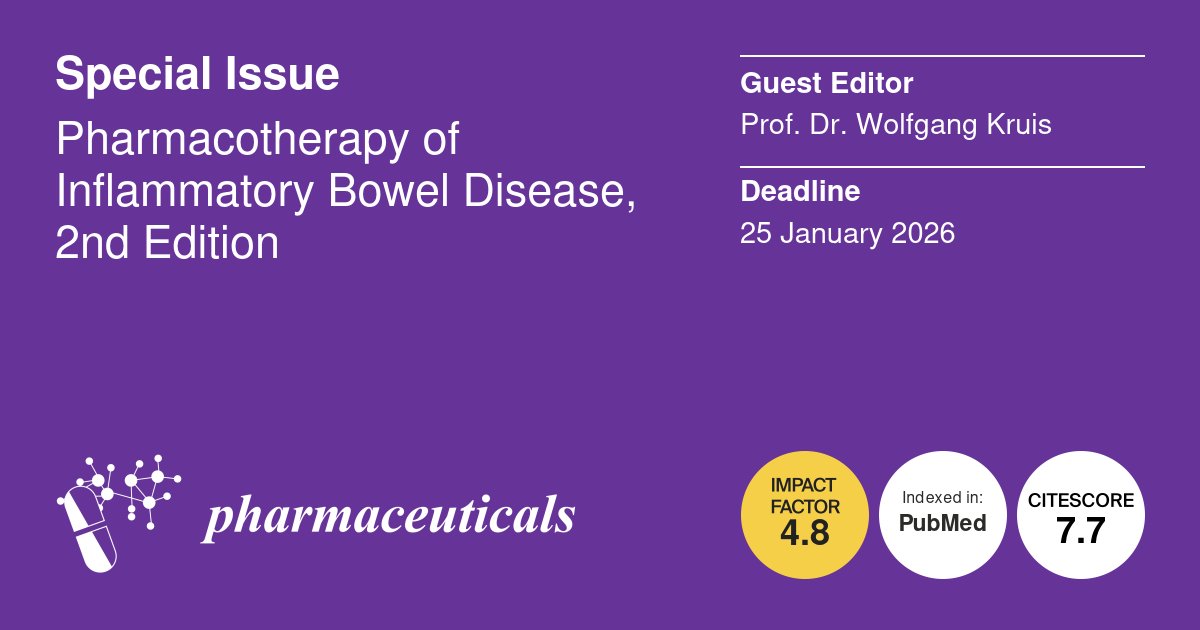 Pharmaceuticals MDPI (@pharmaceut_mdpi) on Twitter photo 📢#Specialissue: #Pharmacotherapy of #Inflammatory #Bowel Disease, 2nd Edition
⏰Deadline: 25 January 2026
🎓Guest Editors: Prof. Dr. Wolfgang Kruis
📖Find out more at mdpi.com/journal/pharma… <a href="/MDPIBiologySubj/">MDPI Biology</a> 📢#Specialissue: #Pharmacotherapy of #Inflammatory #Bowel Disease, 2nd Edition
⏰Deadline: 25 January 2026
🎓Guest Editors: Prof. Dr. Wolfgang Kruis
📖Find out more at mdpi.com/journal/pharma… <a href="/MDPIBiologySubj/">MDPI Biology</a>