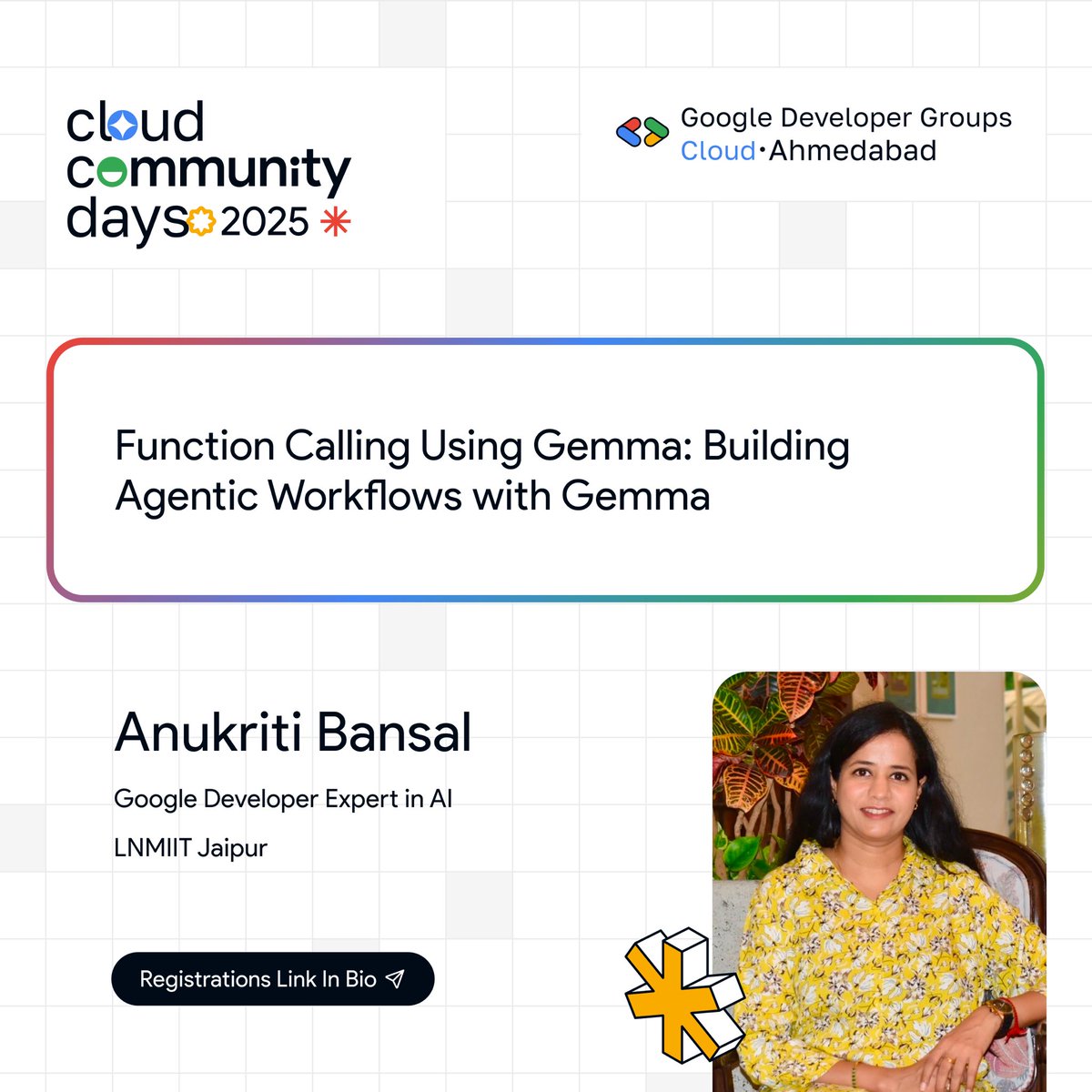 GDG Cloud Ahmedabad (@gdgcloudahm) on Twitter photo π§ Function Calling + Gemma = Smarter AI Agents
Join <a href="/AnukritiBansal/">Anukriti Bansal</a> at #GCCDAhmedabad25 as she demystifies agentic workflows using function calling with GemmaAI.
π
Aug 10 | π AMA Ahmedabad
#GccdAhm25 #GCCDIndia2025 #GoogleCloud #Ahmedabad #GDGCloudAhmedabad π§ Function Calling + Gemma = Smarter AI Agents
Join <a href="/AnukritiBansal/">Anukriti Bansal</a> at #GCCDAhmedabad25 as she demystifies agentic workflows using function calling with GemmaAI.
π
Aug 10 | π AMA Ahmedabad
#GccdAhm25 #GCCDIndia2025 #GoogleCloud #Ahmedabad #GDGCloudAhmedabad