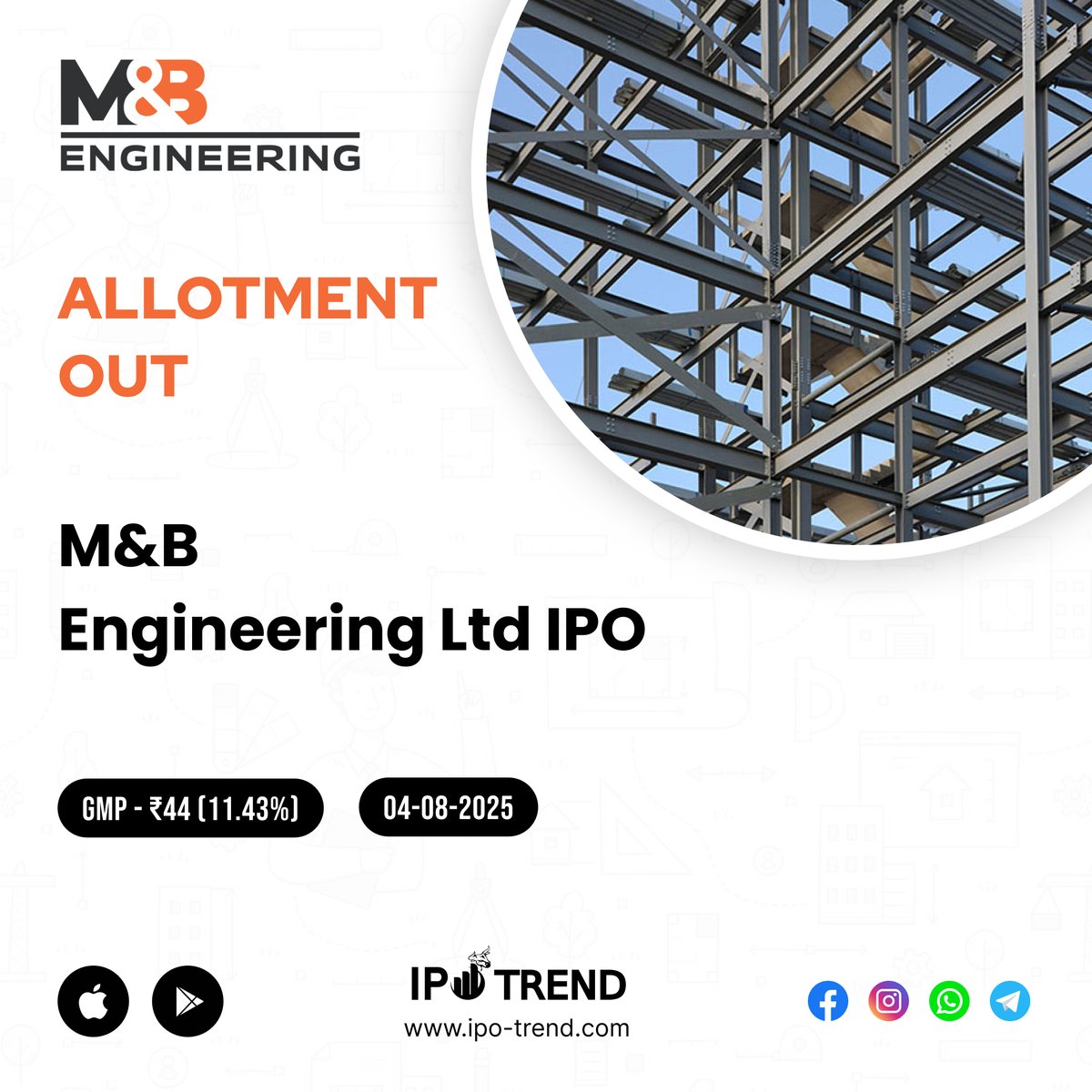 ipo_trend_'s tweet image. 🔔M&amp;amp;B Engineering Ltd IPO 🔔 (MAINBOARD - EQ)

Link📌 : ipo-trend.com/ipo/m&amp;amp;b-engine…

Allotment is now available on our app !📲

🔗 Website Link: ipo-trend.com

📱 Android App Link: play.google.com/store/apps/det…

🍏 iOS App Link: apps.apple.com/in/app/ipo-tre…

#ipotrend #mbengineering