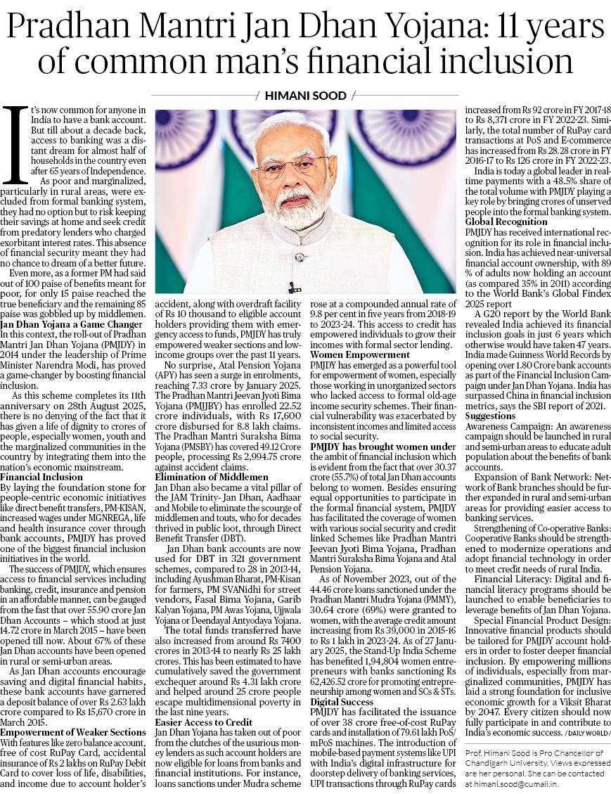 PMO India (@pmoindia) on Twitter photo Pradhan Mantri Jan Dhan Yojana has transformed access to financial services for the poorest. It has bridged the gap between banks and the unbanked, promoting dignity, self-reliance and economic inclusion.
Do read this insightful article by <a href="/Himani_Sood_/">HimaniSood</a> Pradhan Mantri Jan Dhan Yojana has transformed access to financial services for the poorest. It has bridged the gap between banks and the unbanked, promoting dignity, self-reliance and economic inclusion.
Do read this insightful article by <a href="/Himani_Sood_/">HimaniSood</a>