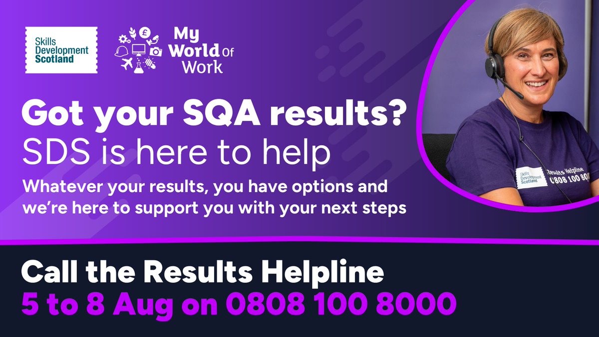 Finlay Carson MSP (@fincarson) on Twitter photo Good luck today!
Whatever your results, expert careers advisers can help you explore your options. Call the SDS Results Helpline on 0808 100 8000.
myworldofwork.co.uk #SQAresults Good luck today!
Whatever your results, expert careers advisers can help you explore your options. Call the SDS Results Helpline on 0808 100 8000.
myworldofwork.co.uk #SQAresults