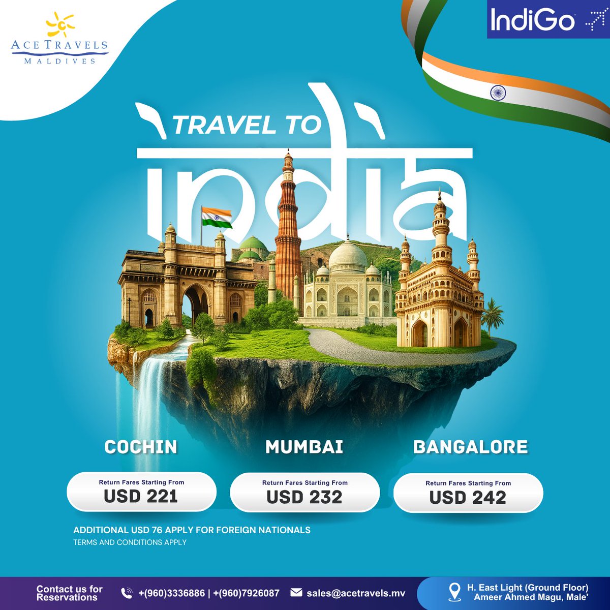 Fly directly from Male' to your favorite destinations in India - Kochi, Bengaluru and Mumbai with IndiGo Airlines ✨

Contact us for reservations:  Whatsapp/Viber +(960)7926087 or call us on +(960)3336886.

#FlyAceFly #AcetravelsMaldives #IndiGoAirlines