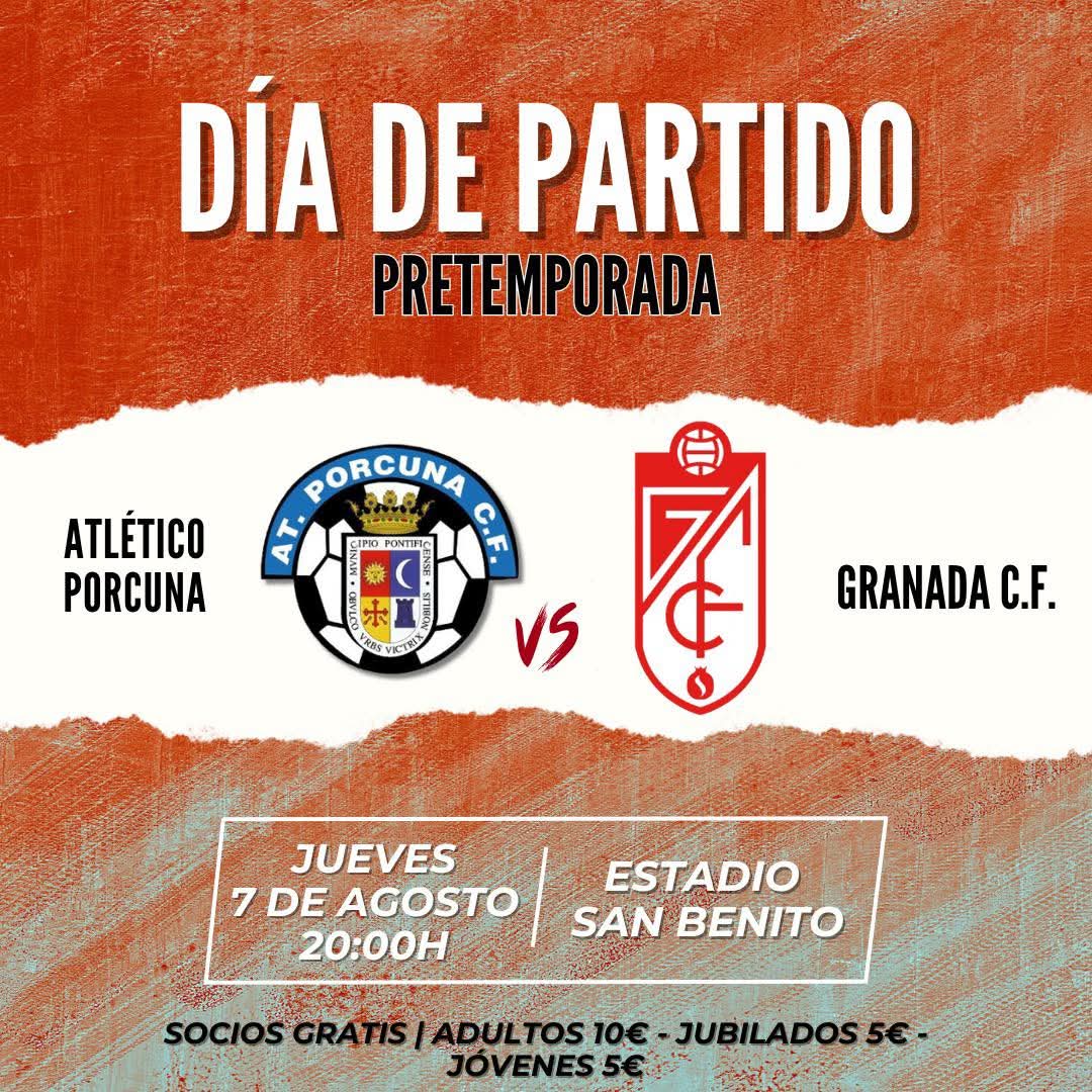 Primer partido de Pretemporada 

➡️ Jueves 7 de Agosto 
📍Estadio San Benito 

Atlético Porcuna C.F. Vs Granada C.F S.A.D

No faltes, anima a tu equipo ! 
Vamos Atleti ❤️🤍❤️