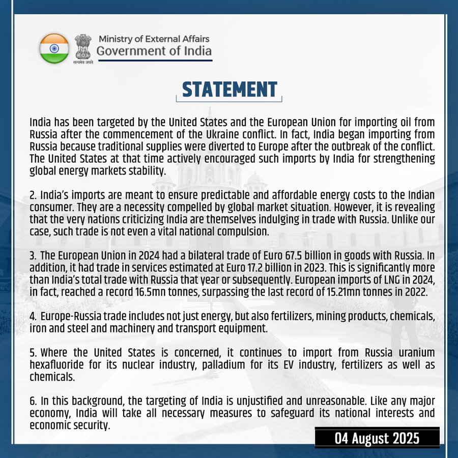 India responds to Trump’s tariff threat over Russian oil imports 🇮🇳

What do you think about this statement?
