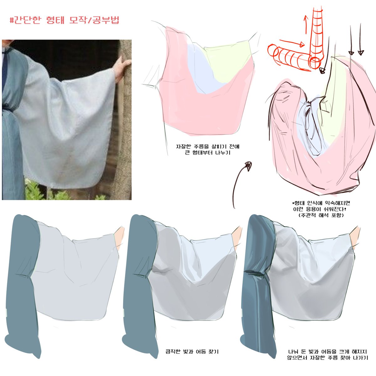 지난 수업 내용 조금~
형태를 파악할 때는 처음부터 자잘한 주름(요소)들의 위치를 찾기 보다는 큰 형태부터 찾아 구역을 나눠둔 뒤 작게 작게 쪼개나가는 것이 좋습니다.
면으로 형태를 인식하면 자료 참고와 응용이 한결 쉬워진답니다🫶