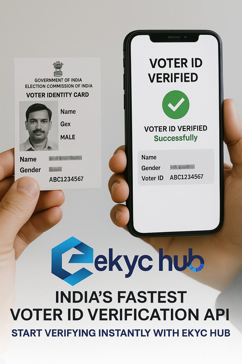 ekyc_hub's tweet image. 🔍 Instant Voter ID Verification Made Easy!
Seamless, Secure & Fast — Verify Voter ID in Real Time with EKYC Hub.
✅ Trusted by Fintechs | 🔐 API-Driven | ⚡ Lightning Fast
#VoterIDVerification #EKYCHub #KYCAPI #DigitalIndia #IdentityVerified #APISolutions #FintechIndia #Onboardi