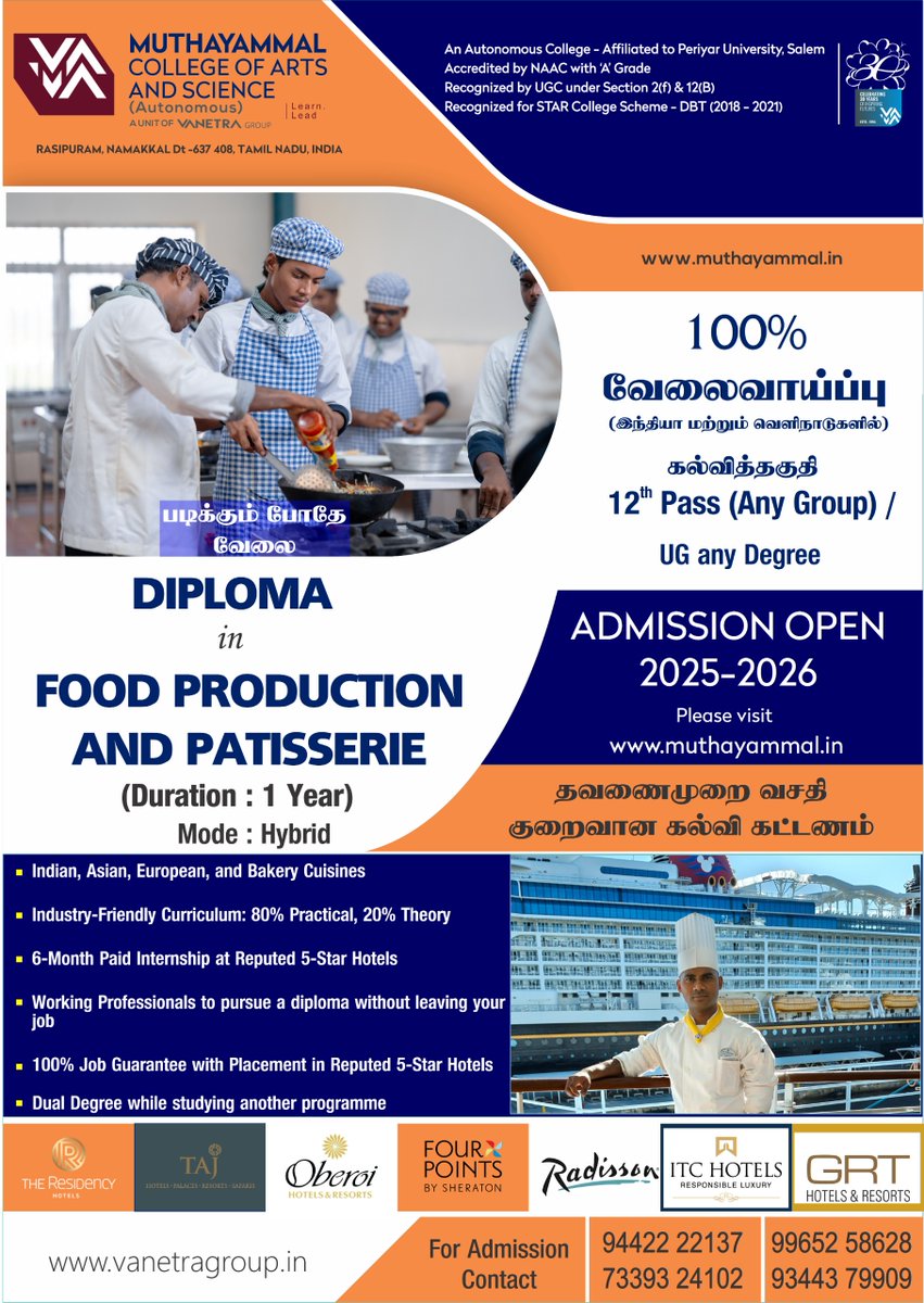 VanetraMuthaya2's tweet image. 👨‍🍳 Admissions Open!
 Diploma in Food Production &amp;amp; Patisserie (for Working Professionals) at MCAS
✔6-month paid internship
✔100% Job Placement
✔Hybrid Mode (Perfect for Working Pros)
✔+2 Pass / UG Eligible
#HotelManagement #DiplomaCourse #WorkingProfessionals #AdmissionsOpen