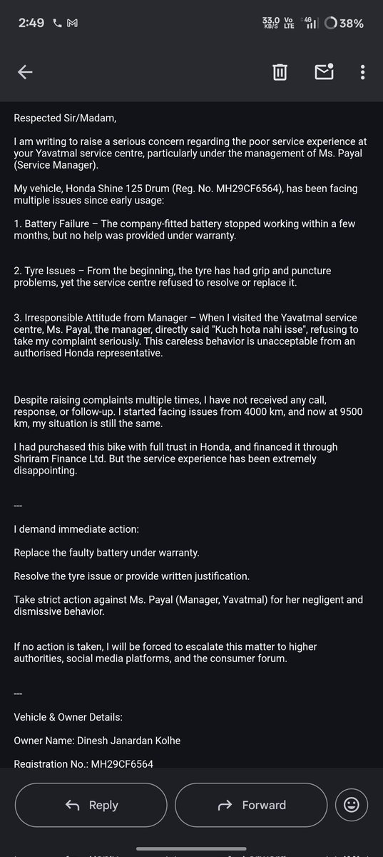 DineshKolhe16's tweet image. Poor service bead behaviour from @honda2wheelerin

#Honda2Wheelers #ServiceIssue #CustomerComplaint #HondaIndia