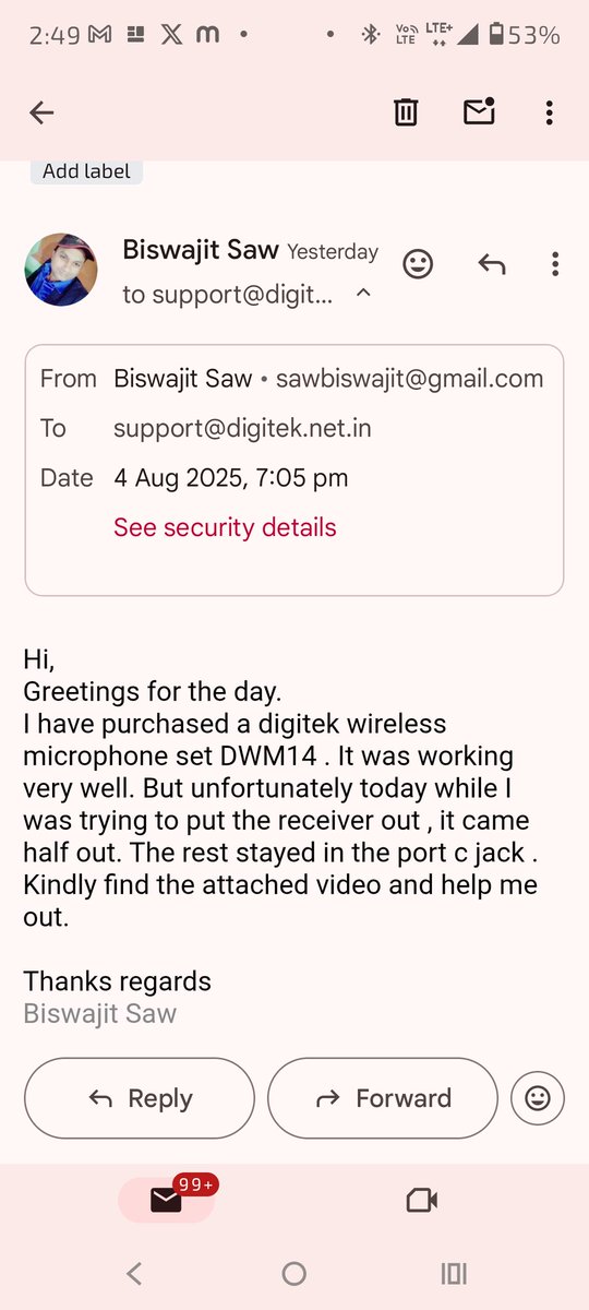 biswajitsaw's tweet photo. @DigitekOfficial 
I have purchased a digitek wireless microphone set DWM14 . It was working very well. But unfortunately today while I was trying to put the receiver out , it came half out. The rest stayed in the port c jack . Kindly help me out. https://t.co/eEz9R7CDvR