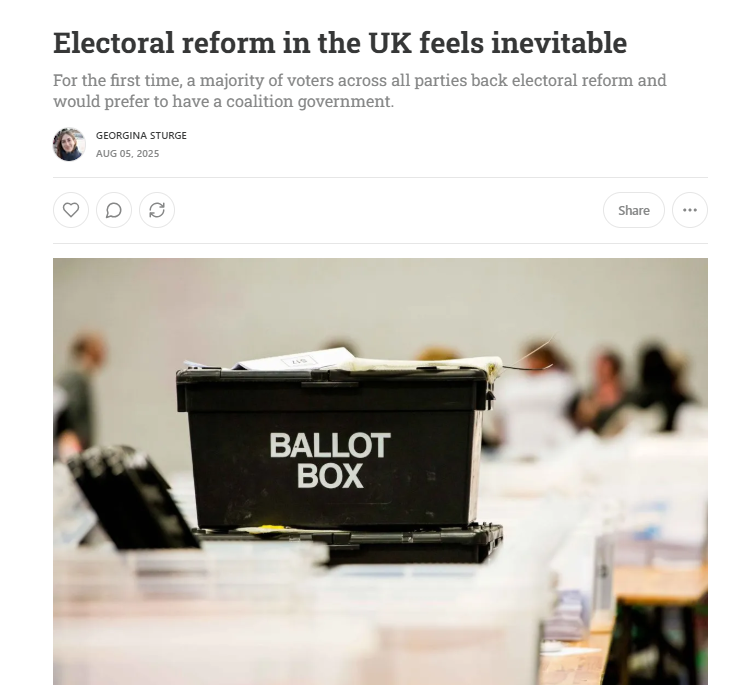 Is electoral reform now inevitable? The public momentum has never been greater. And voters across all parties now back change - even Labour voters who got really lucky from FPTP in 2024.

Did you know this was going on?

georginasturge.substack.com/p/electoral-re…