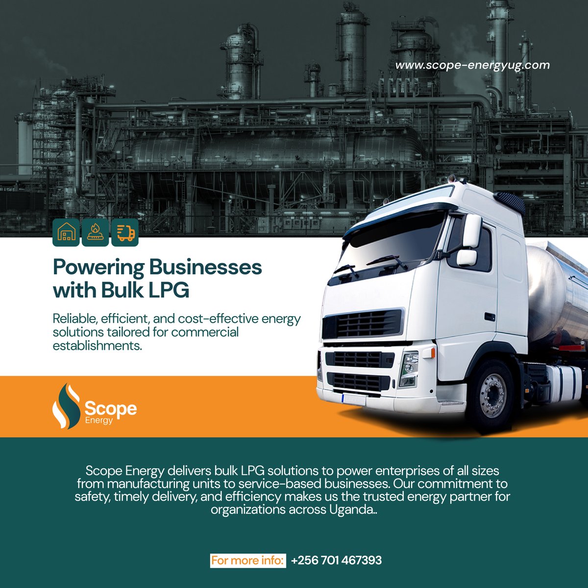 ScopeEnergyUg's tweet photo. Strategically supporting industries, hotels, and commercial kitchens with high-volume, efficient energy solutions. #BulkLPG https://t.co/ofSTRkaIbo