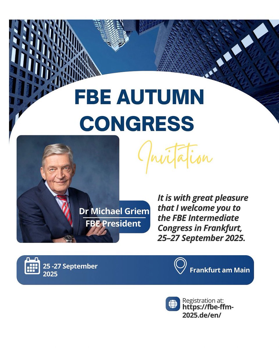 📜✨ Invitation – FBE Intermediate Congress 2025 🇪🇺⚖️
Join us in Frankfurt am Main 🇩🇪 25–27 Sept 2025.

Themes:
⚖️ Attorney Independence
🌟 Young Lawyers in the FBE
🪷 Mental Health &amp; Well‑being

Hosted by Rechtsanwaltskammer Frankfurt am Main.
#FBE #Frankfurt2025
