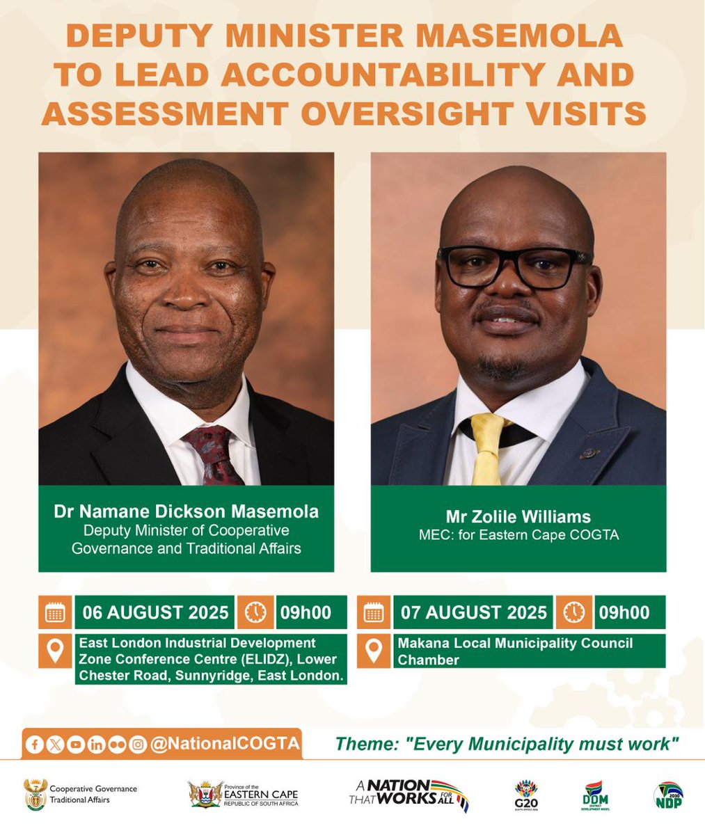 Deputy Minister Masemola visits Buffalo City Metro and Makana Local Municipality to meet with local leaders and support efforts to improve service delivery, strengthen accountability, and ensure municipalities work better for communities.

#EveryMunicipalityMustWork #CoGTA