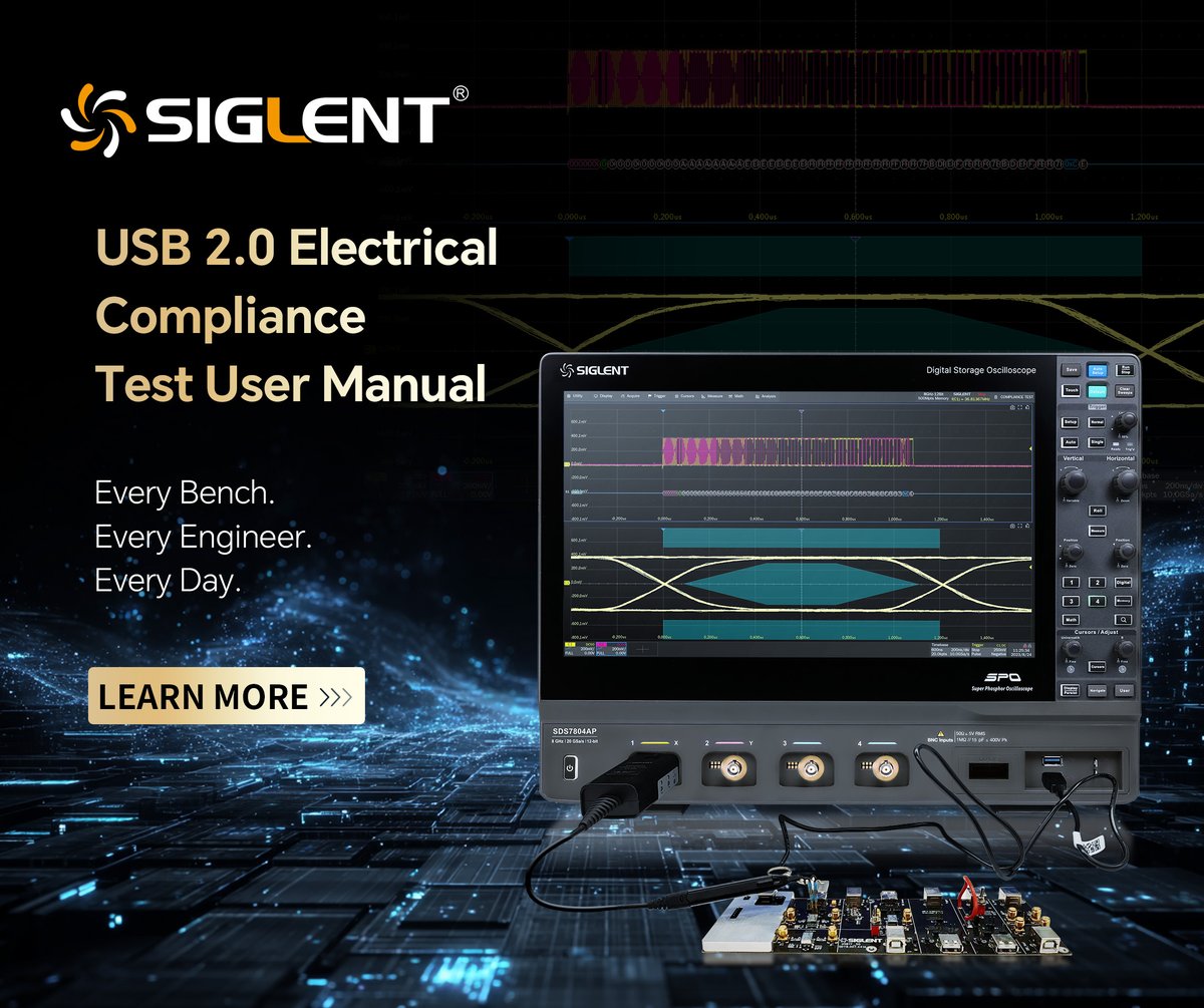 Ensure USB 2.0 Compliance with SIGLENT SDS7000A/AP oscilloscopes.
 • Decode to bit level
 • High/Full/Low Speed testing
 • Automated test UI with report generation
 • FX-USB2 fixture support
 • Up to 20 GSa/s, 8 GHz

Download the full USB Compliance Guide: