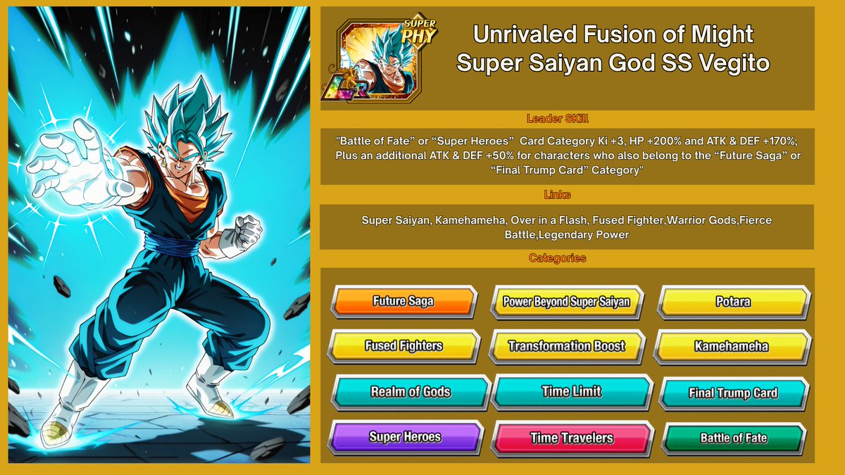 ZRozuken's tweet photo. Introducing my fanmade LR Vegito Blue a concept worthy of headlining a Dokkan Anniversary!
Would you summon for him if he were real? Let me know your thoughts below! 👇
#DokkanBattle #VegitoBlue #FanmadeCard #DragonBallZ #DokkanAnniversary #DBZ #LRVegito #DokkanConcept #DBLegend https://t.co/nD8MNdGcBd