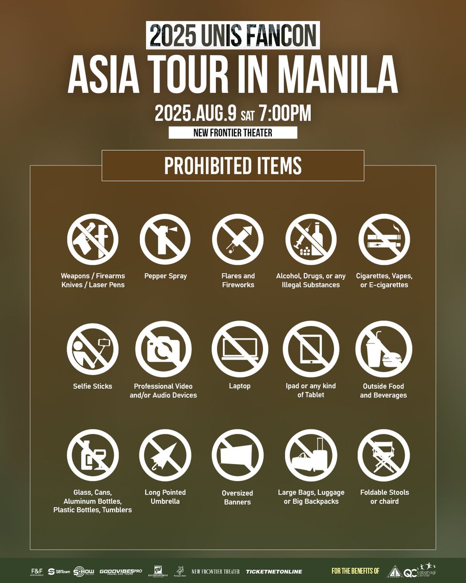 2025 UNIS FanCon Asia Tour in Manila
[ Venue Map, Event Schedule, &amp; Prohibited Items ]

🗓 August 9, 2025 - 7:00PM PST
📍 New Frontier Theatre

Make sure to check our official venue map, schedule, and the list of prohibited items to avoid any inconvenience on August 9 ✍️