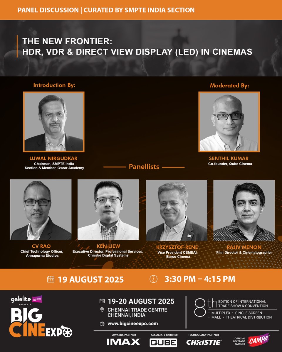 raghavnews's tweet photo. THE NEW FRONTIER: HDR, VDR & DIRECT VIEW DISPLAY (LED) IN CINEMAS
π¬ Join us on π 19β20 Aug 2025Β πChennai Trade Centre
Head to https://t.co/xDa33CaV8E for more info
#PanelDiscussion #BigCineExpo2025 #ExpoAlerts #ChennaiEvents #Network208 #TheatreWorld https://t.co/G4LWaRVk0r