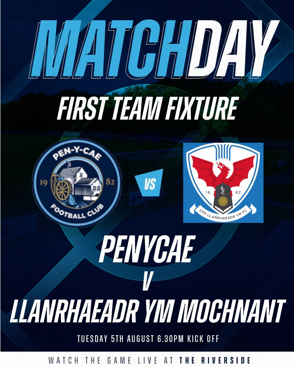 Penycae FC (@penycaefc1) on Twitter photo 🔵 MATCHDAY ⚽
📅| Tues 5th Aug
🆚| <a href="/LlanrhaeadrYMFC/">CPD Llanrhaeadr FC 🏴</a>
🏟| The Riverside
🕤| Kick off 6.30pm
🏆| <a href="/ArdalNorthern/">Lock Stock Ardal Northern Leagues</a>
🎟 | Adults £5, Concessions £3, Under 16s Free
⚽️ Match Sponsor - Colin Jackson
💙 Our Crest, Our Club, Our Community, Our Cae 💙
#MoreThanAClub #WeAreTheCae 🔵 MATCHDAY ⚽
📅| Tues 5th Aug
🆚| <a href="/LlanrhaeadrYMFC/">CPD Llanrhaeadr FC 🏴</a>
🏟| The Riverside
🕤| Kick off 6.30pm
🏆| <a href="/ArdalNorthern/">Lock Stock Ardal Northern Leagues</a>
🎟 | Adults £5, Concessions £3, Under 16s Free
⚽️ Match Sponsor - Colin Jackson
💙 Our Crest, Our Club, Our Community, Our Cae 💙
#MoreThanAClub #WeAreTheCae
