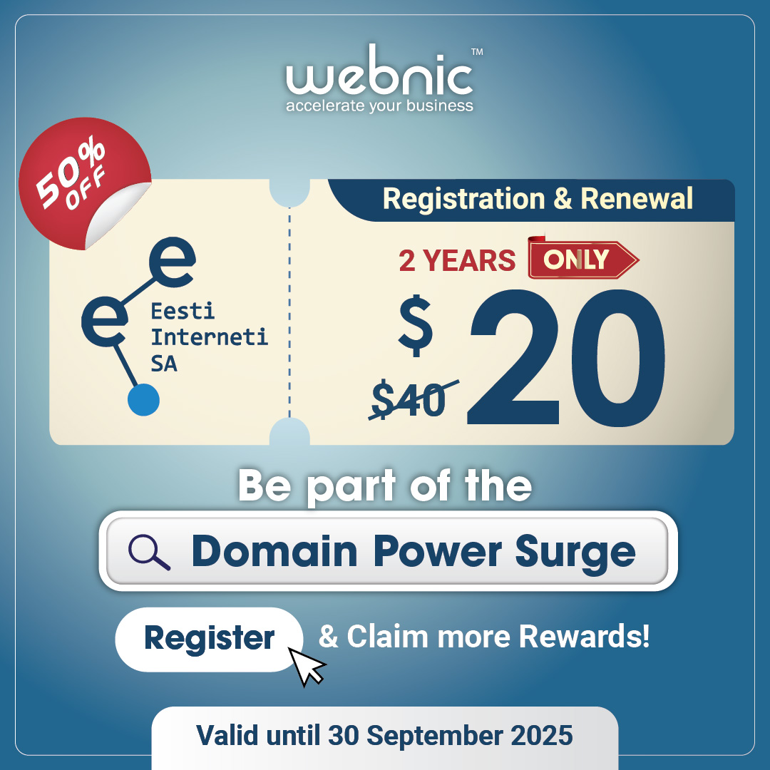 webnic_cc's tweet image. ⚡ Celebrate WebNIC’s 25th Anniversary with 50% OFF on .EE domains!

Get 2 years for only $20 &amp;amp; join our Domain Power Surge campaign.

🎁 Register now for rewards &amp;amp; prizes!

🔗 webnic.cc/domain-power-s…

#EEDomain #DomainDeals #WebNIC