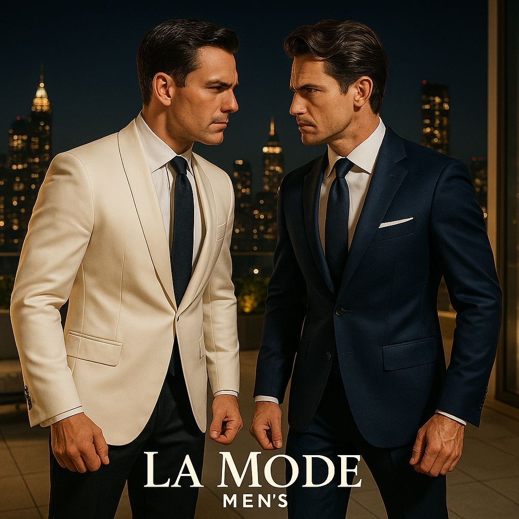 LaModeMens1's tweet image. A clash of class? Two distinct styles, one unforgettable setting. La Mode Men's: Defining the art of evening wear. #MensFashion #Tuxedo #DinnerJacket #HighFashion #CityNights