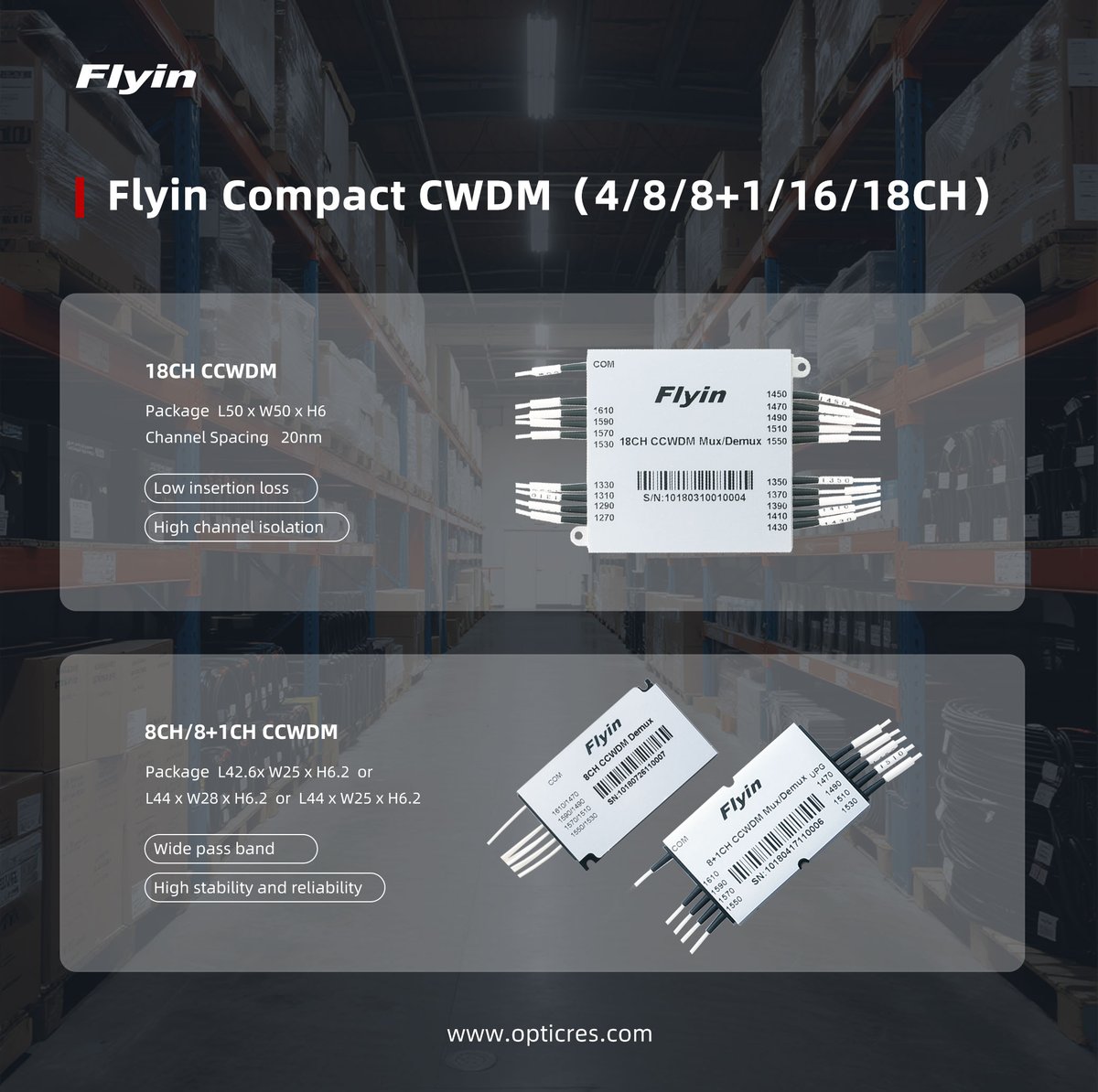 Flyin CCWDM (Compact Coarse Wavelength Division Multiplexer)​​. It is suitable for space-constrained scenarios such as ​​5G fronthaul, data center interconnects (DCI), metropolitan area networks (MAN), and PON network expansion​​.

opticres.com