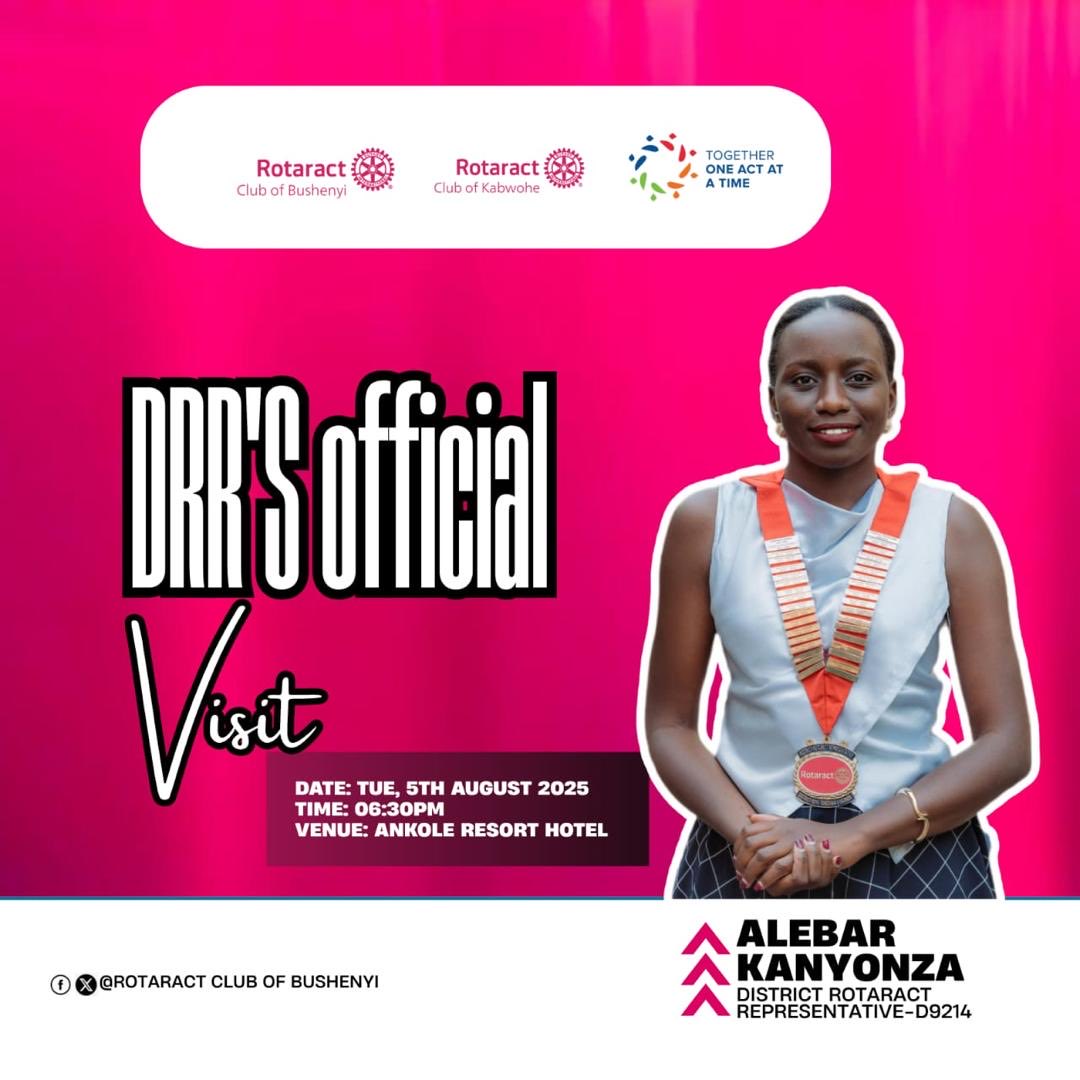 ⁦Join us today on the Official Visit of our ⁦<a href="/RotaractD9214/">Rotaract District 9214</a>⁩ District Rotaract Representative <a href="/MsLebykm/">Ms. Kanyonza</a>⁩ at 📍 Ankole Resort Hotel starting at 6:30pm.
See you there, come with a friend👆👆