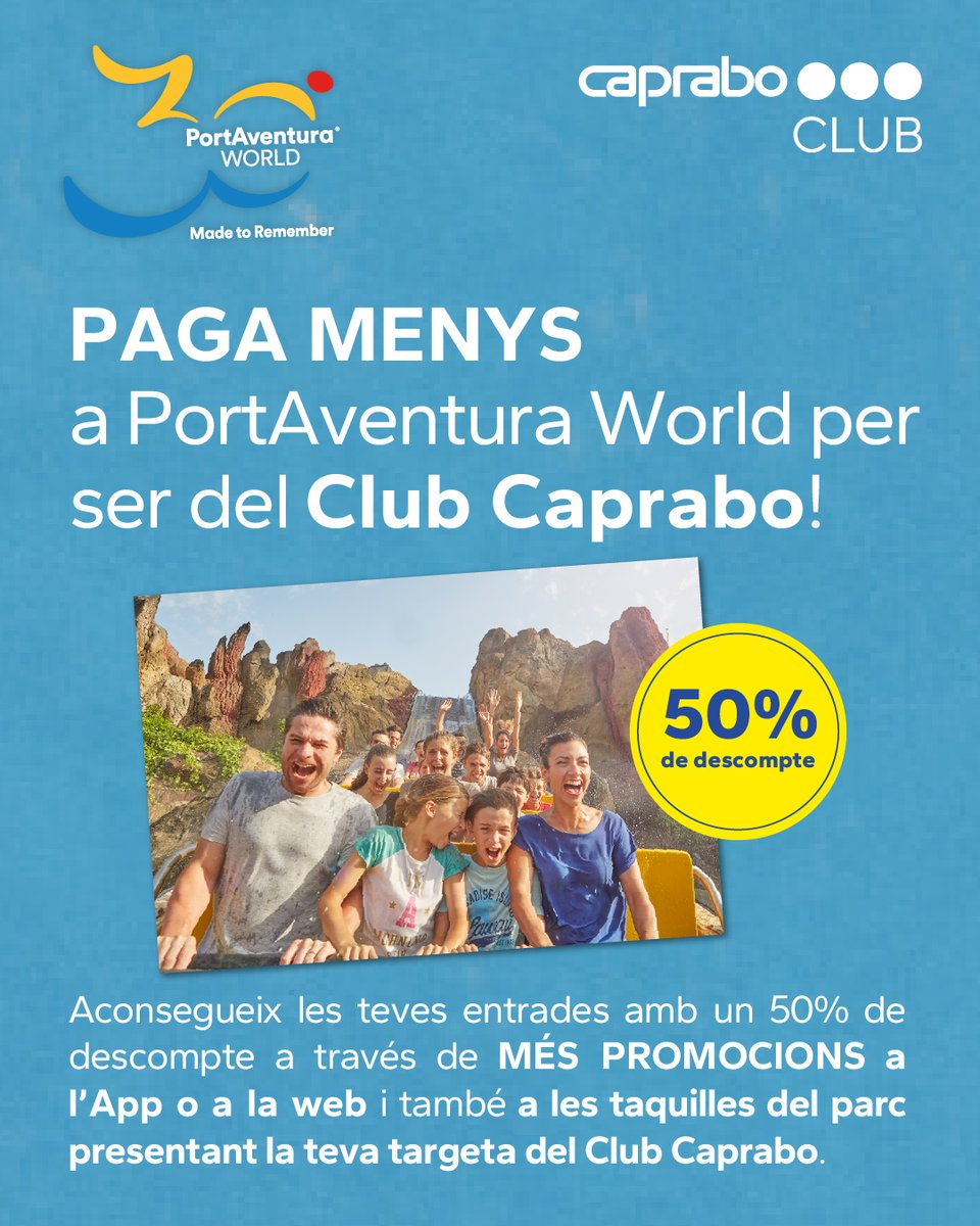Caprabo (@caprabo) on Twitter photo 🎡🎢 Només per ser del #ClubCaprabo, paga menys a <a href="/Portaventura_ES/">PortAventura World</a>! Tens un 50% descompte a través de l'apartat MÉS PROMOCIONS i també a les taquilles del parc. Fes clic aquí i aconsegueix-les!
ow.ly/3kg950WolT3 🎡🎢 Només per ser del #ClubCaprabo, paga menys a <a href="/Portaventura_ES/">PortAventura World</a>! Tens un 50% descompte a través de l'apartat MÉS PROMOCIONS i també a les taquilles del parc. Fes clic aquí i aconsegueix-les!
ow.ly/3kg950WolT3
