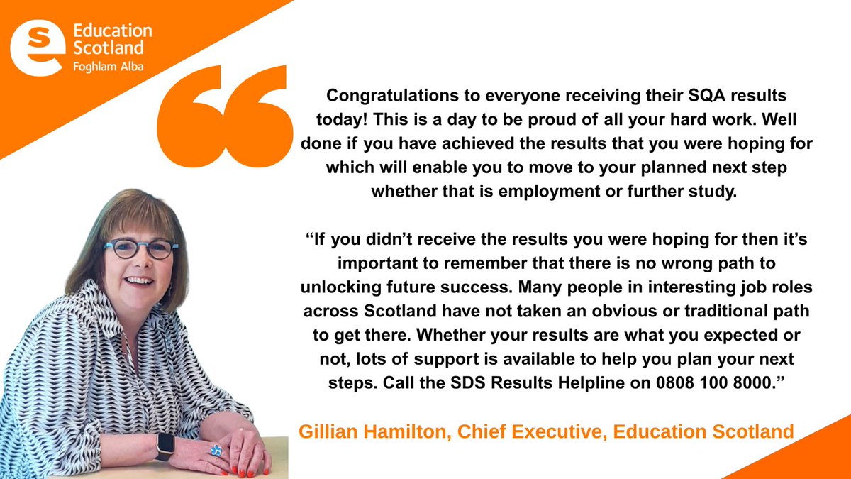 Education Scotland (@educationscot) on Twitter photo A message from our Chief Executive Gillian Hamilton on #SQAresults day.
<a href="/GGillHHam1/">Gillian Hamilton</a> <a href="/skillsdevscot/">Skills Development Scotland</a> <a href="/ScotGovEdu/">ScotGov Education</a> <a href="/sqanews/">SQA</a> A message from our Chief Executive Gillian Hamilton on #SQAresults day.
<a href="/GGillHHam1/">Gillian Hamilton</a> <a href="/skillsdevscot/">Skills Development Scotland</a> <a href="/ScotGovEdu/">ScotGov Education</a> <a href="/sqanews/">SQA</a>
