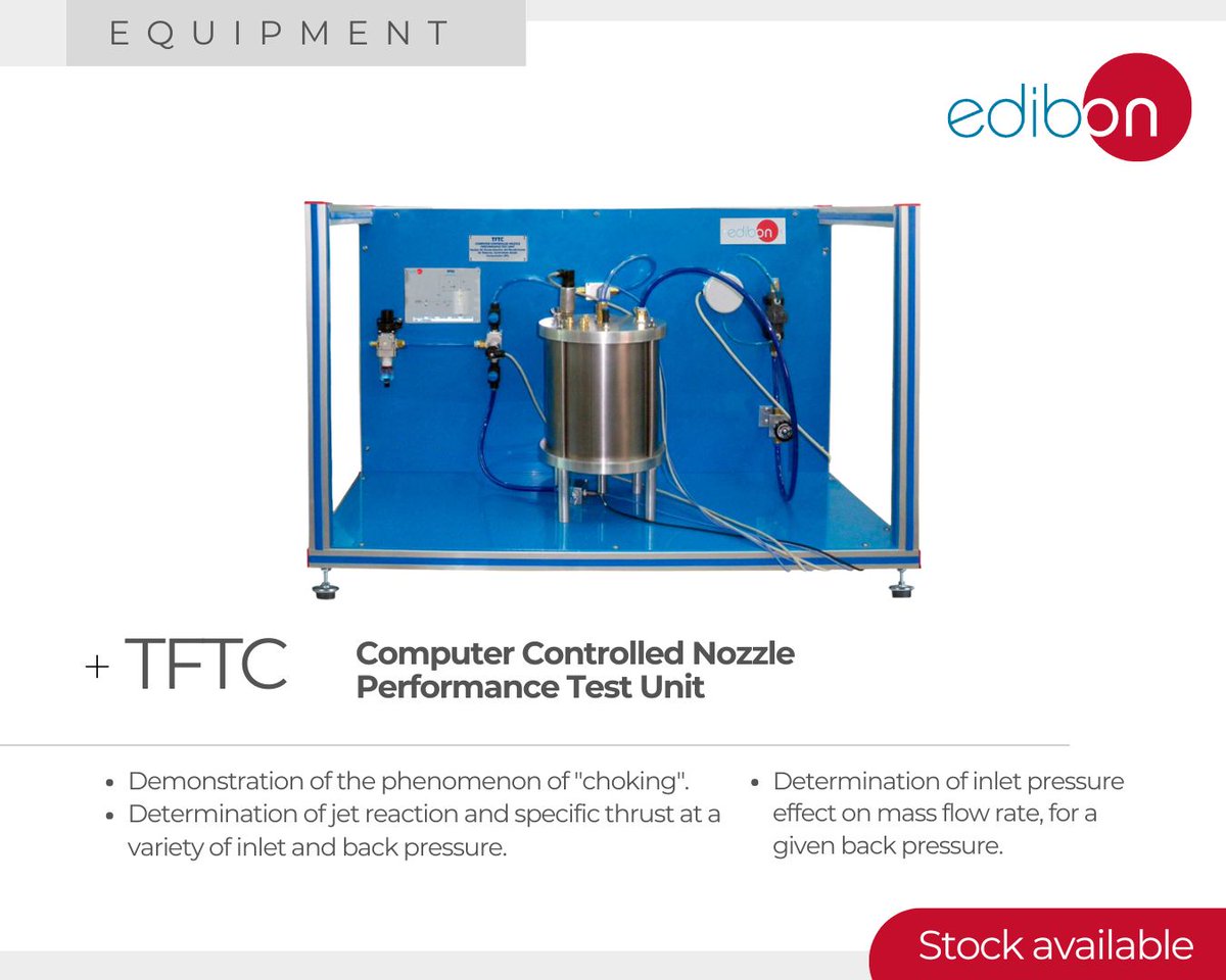 The Computer Controlled Nozzle Performance Test Unit, (TFTC), has been specially designed to allow students to investigate and study the performance of a nozzle (kinetic energy and thrust): edibon.com/en/computer-co…  

#DiscoverEDIBON #Thermodynamics #Thermotechnics