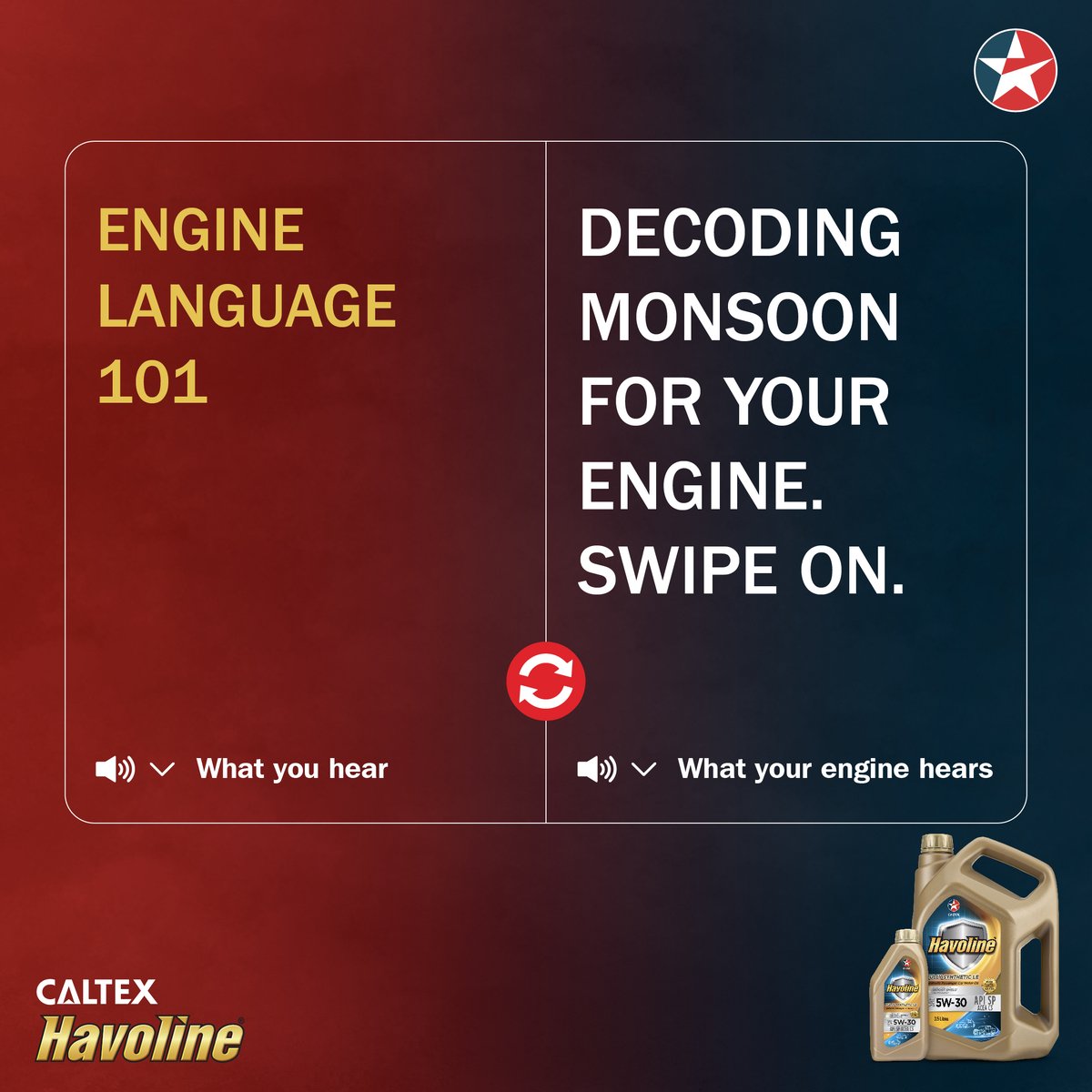 CaltexIndia's tweet image. POV: Your car's engine has a verydifferent monsoon than you. ​
Know it well. ​

​#Caltex #CaltexIndia #CaltexLubricants #CaltexHavoline #CaltexYaaniCommitment