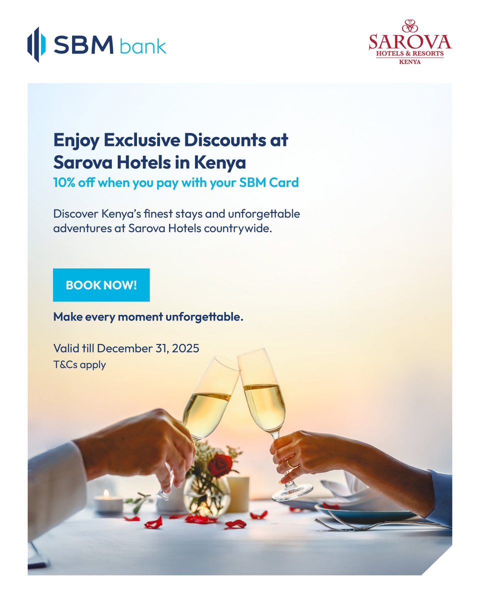 Travel better with your SBM Card. 

Enjoy 10% OFF at <a href="/SarovaHotelsKen/">Sarova Hotels Kenya</a>, because you deserve more from every journey.

⏳ Offer ends December 31, 2025.

#SBMBank #SarovaHotels