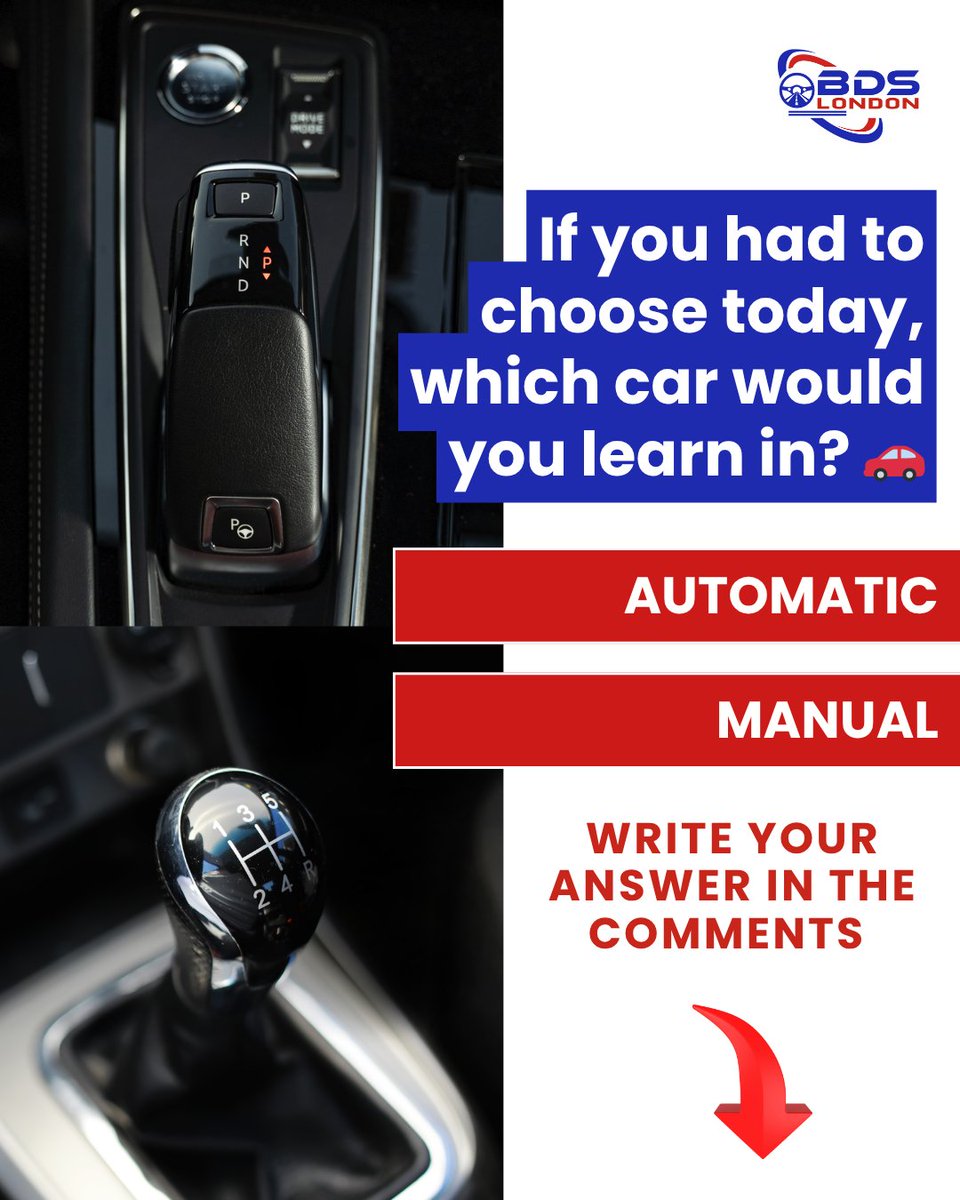 ldriv_ltd's tweet image. 🚗 Manual or Automatic?
Learning to drive in London? Which car would you choose TODAY?
Manual (full licence flexibility)

Automatic (simpler in city traffic)

Vote now &amp;amp; tell us why 👇
#DrivingLessonsLondon #ManualVsAutomatic #BDSLdn