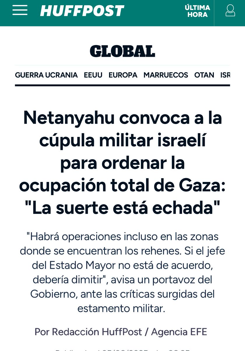 Netanyahu ya no disimula. Quiere ocupar Gaza por completo. 

Detrás de su discurso está la voluntad colonial de construir la Gran Israel sobre el hambre, los escombros y la muerte de Gaza. 

Vemos una limpieza étnica, un genocidio, en directo. Y el mundo lo está permitiendo.