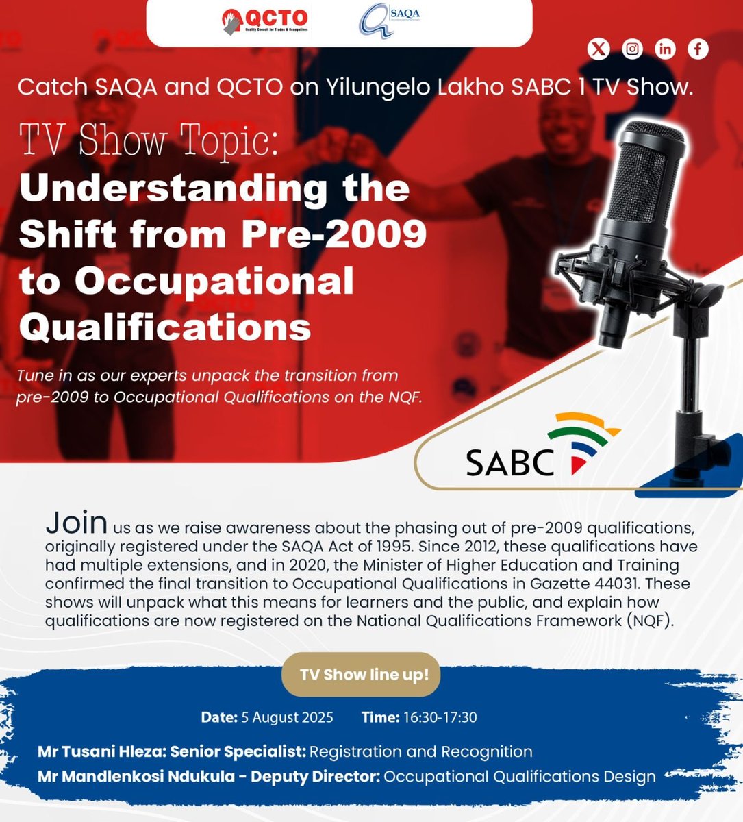 SAQALive's tweet image. SAQA and QCTO on SABC 1! 

Pre-2009 Qualifications #SAQAandtheNQF #SAQAandQCTO #Transition #Freedom30 @Official_SABC1 #KnowYourNQF