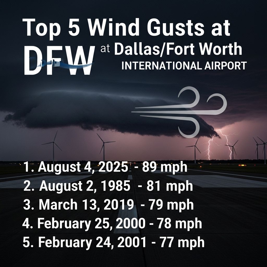 So the highest wind ever at DFW is now OFFICIAL. 
Yesterday was rounded down to 89 mph. 
It now surpasses the Microburst from Aug 2, 1985 (Delta flight 191).
Even more amazing was the lack of significant damage. We'll take it.