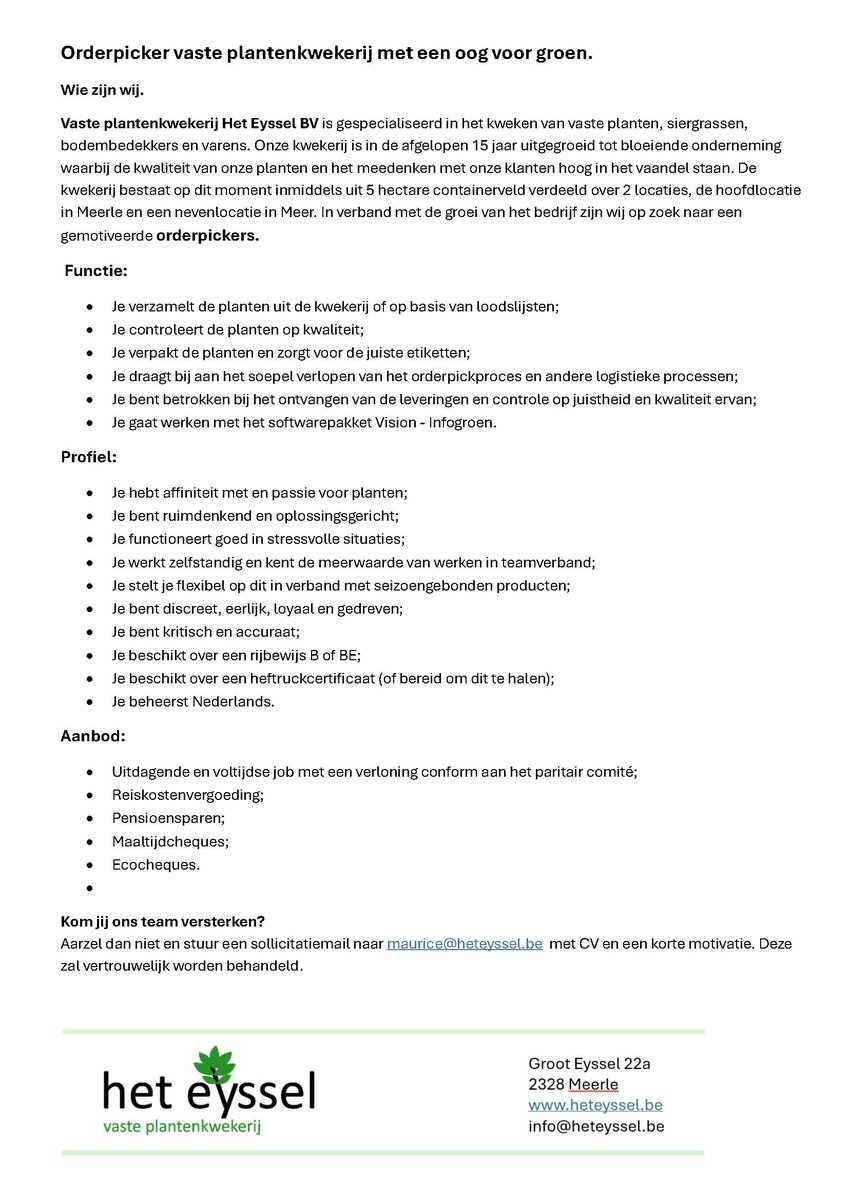 Op zoek naar leuk werk? Hier een mooie kans bij Handelskwekerij Het Eyssel in Meerle (B) . Meer vacatures via treeport.eu/vacaturesensta… #boomteelt #boomkwekerij #vacature #vacatures #vacaturebreda
