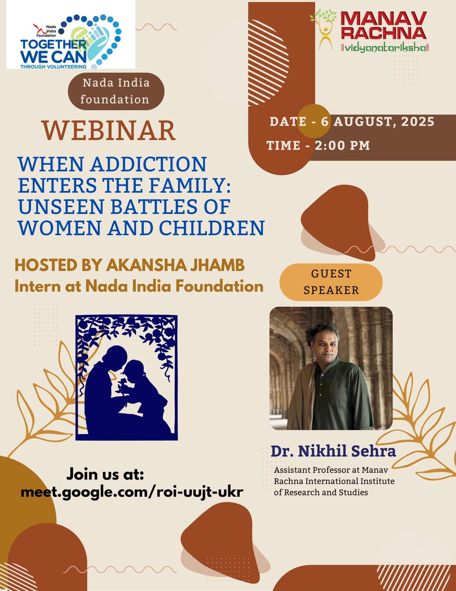Akanshaaaaxxaa's tweet image. WEBINAR ALERT
When Addiction Enters the Family: Unseen Battles of Women and Children
🗓️ 6th August, 2025 | 🕑 2:00 PM
👩‍💼 Hosted by Akansha Jhamb, Intern @NadaPehchaan
🎤 Guest Speaker: Dr. Nikhil Sehra
🔗 Join us: meet.google.com/roi-ujt-ukr
#AddictionAwareness @NadaNetwork