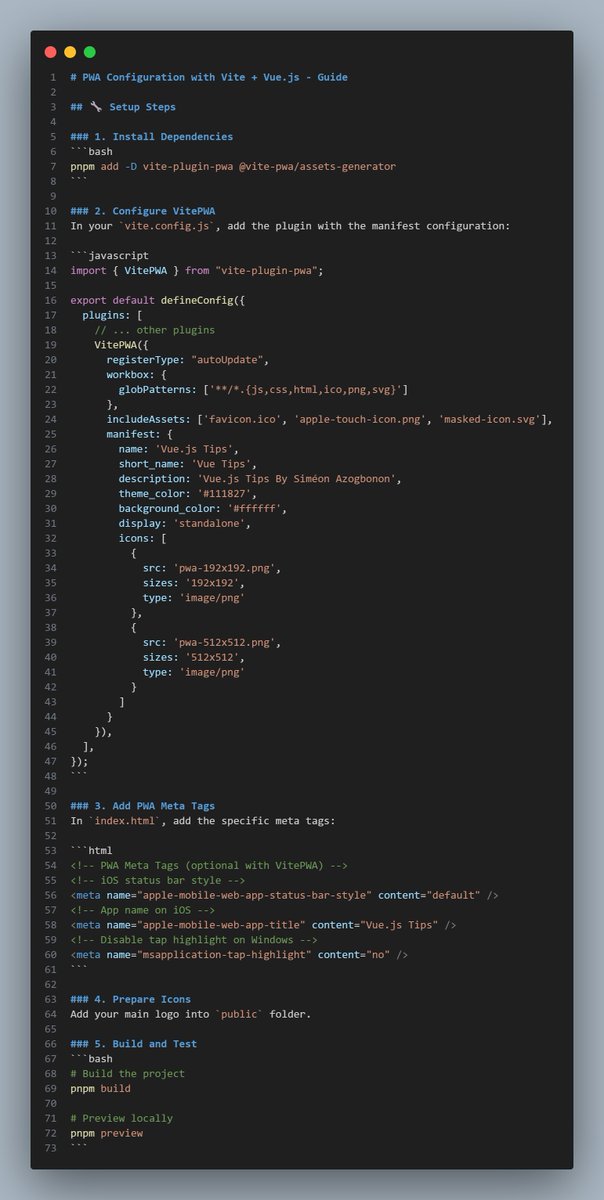 SimeonAzogbonon's tweet image. New #VueJsTips snippet
Turn your @vuejs app into a Progressive Web App (PWA) in few lines with vite and vite-plugin-pwa.
#VueJs #Frontend #FrontendDev #vite