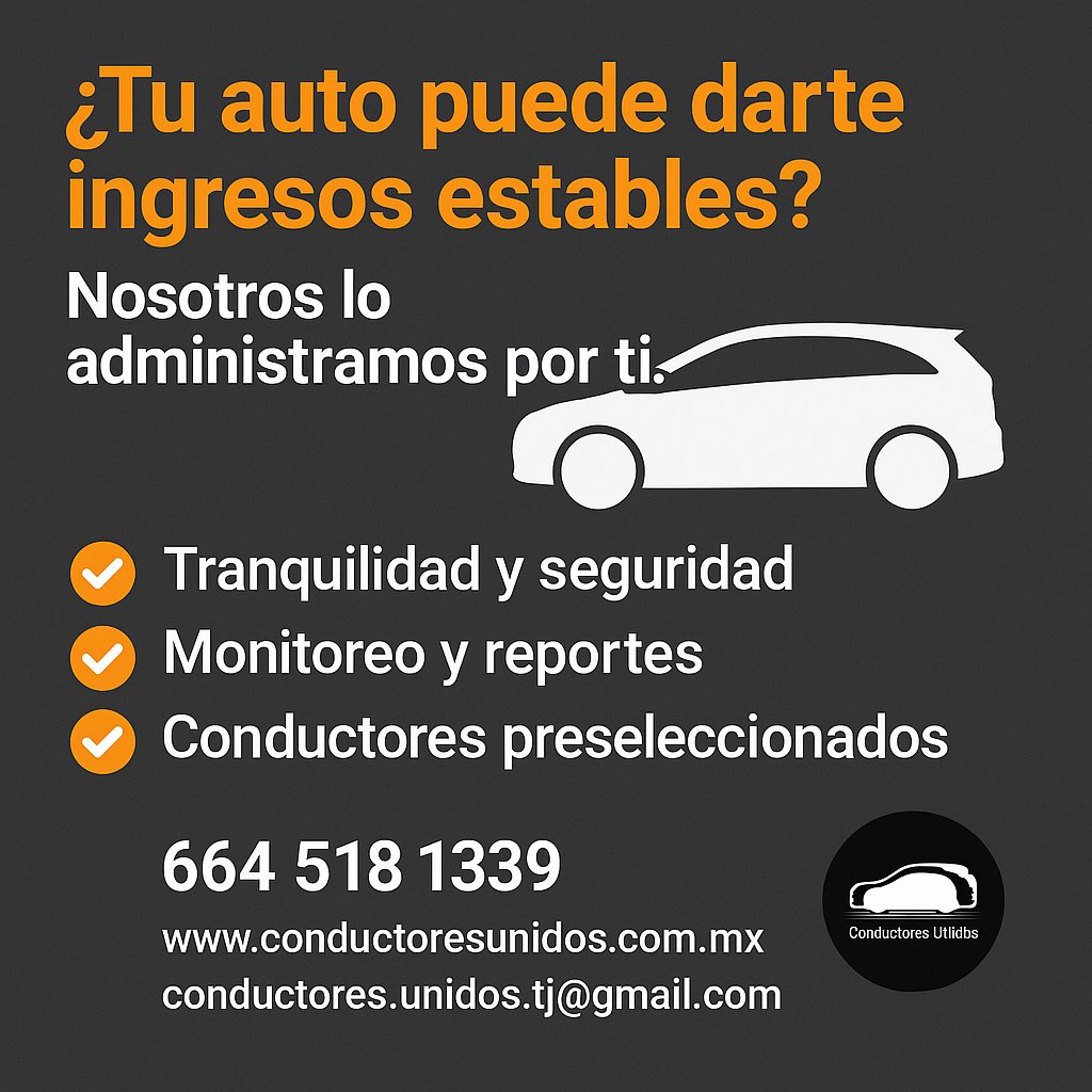 DeConductores's tweet photo. Tu auto puede darte ingresos estables!
Nosotros lo administramos por ti:
📷 Tranquilidad y seguridad
📷 Monitoreo y reportes
📷 Conductores preseleccionados
📷 Control sin estrés
📷 664 518 1339
📷 conductores.unidos.tj@gmail.com
📷 https://t.co/oFBqSQmoM9 https://t.co/LOBzqvJNW1